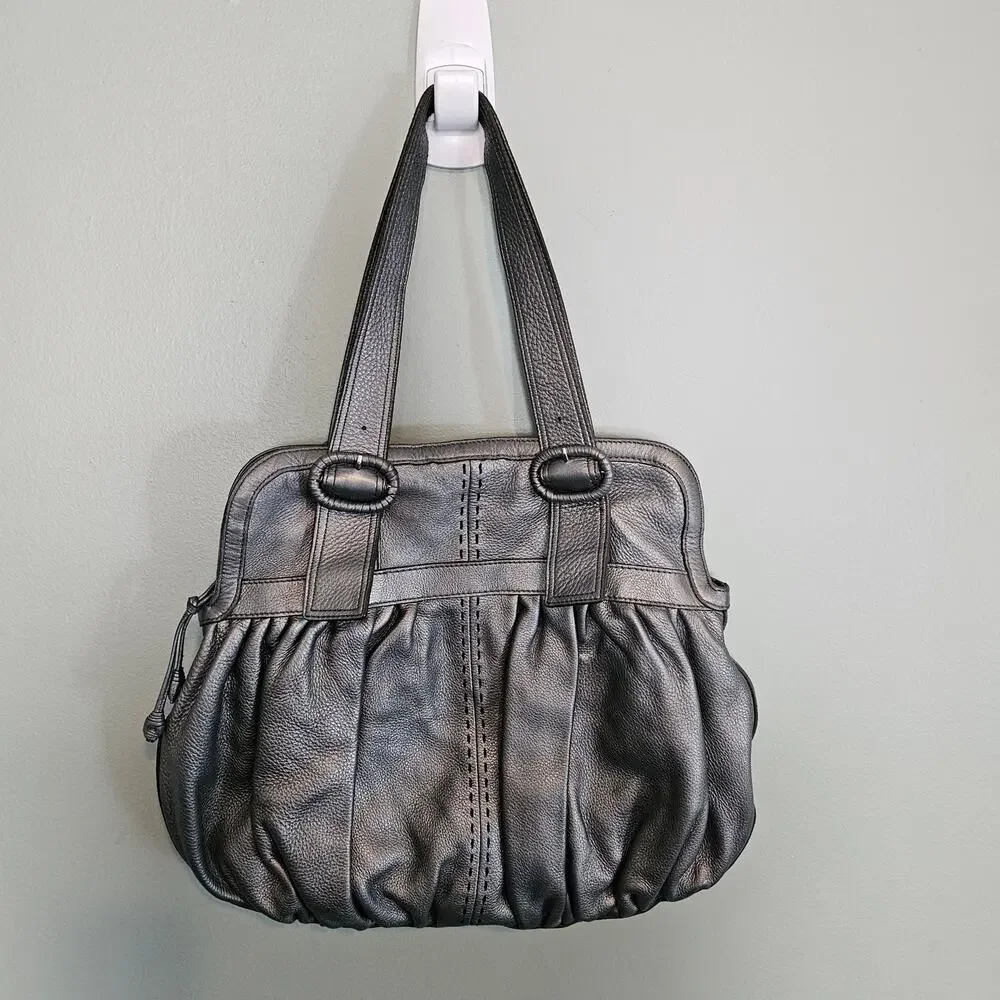 Cole Haan Metallic Silver Pewter Leather Satchel Shoulder Bag